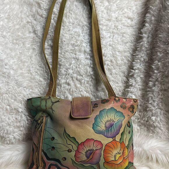 Anuschka Hand Painted Leather Medium Tote Floral Double Handle. - Picture 2 of 15